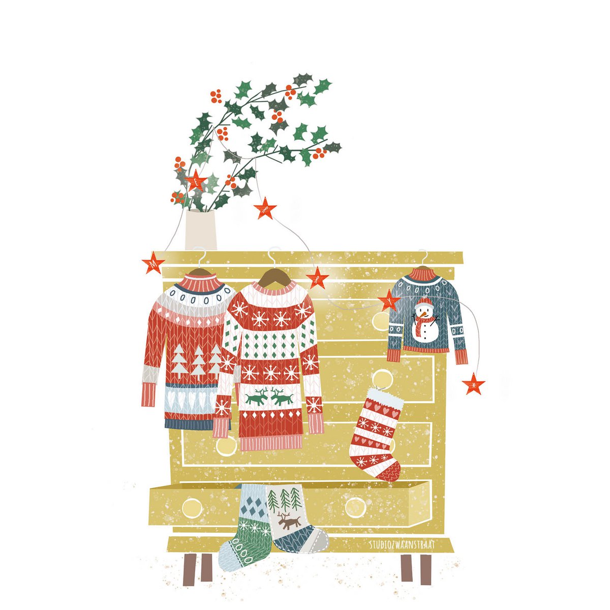 Postkarte 'Weihnachtspullover' (gelber Schrank)