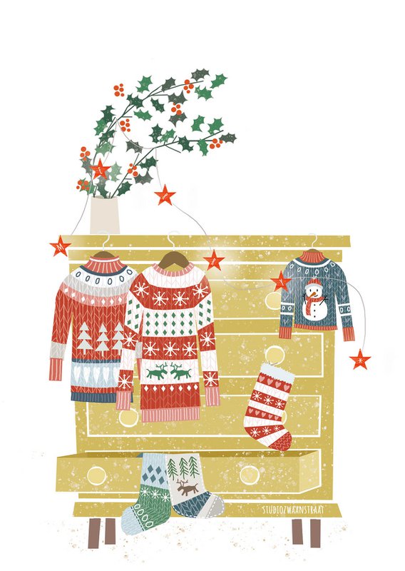 Postkarte 'Weihnachtspullover' (gelber Schrank)