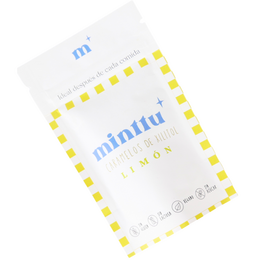  Yellow and white round xylitol candies, lemon flavor, kraft paper pouch packaging, sugar-free sweets.