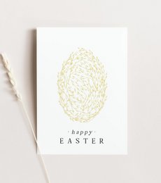  A6 Easter card with a yellow floral Easter egg design and the text "happy Easter" printed on it.