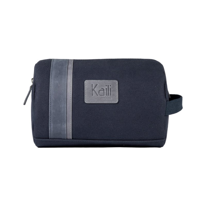 K2005DF | Beauty Case in Canvas 100% Cotton/Genuine Full Grain Leather, Naked. Blue colour. Side handle. Zipper closure. Dimensions: 25 x 15 x 17 cm. Packaging: TNT bag
