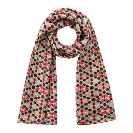  Silk scarf with intricate Islamic mosaic tile pattern in shades of red, pink, and beige. Rectangular shape, lightweight and versatile for year-round wear.