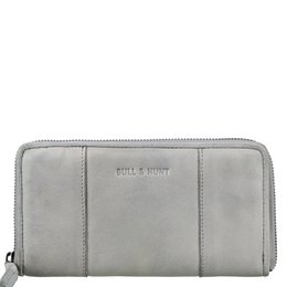 A classic grey zip wallet made of durable leather material with a sleek, minimalist design. Features multiple compartments for cards, cash, and coins.