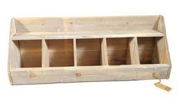 Wooden storage box with 5 compartments for organizing household items. Made of natural wood with a rustic, vintage-inspired design.