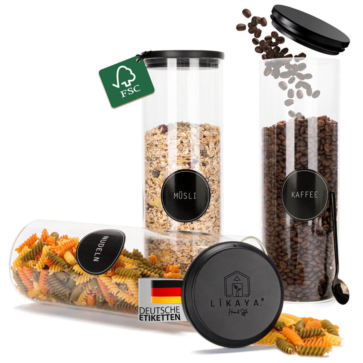 Vorratsgläser aus Borosilikat-Glas mit schwarzen FSC®-zertifizierten Pinienholz-Deckeln