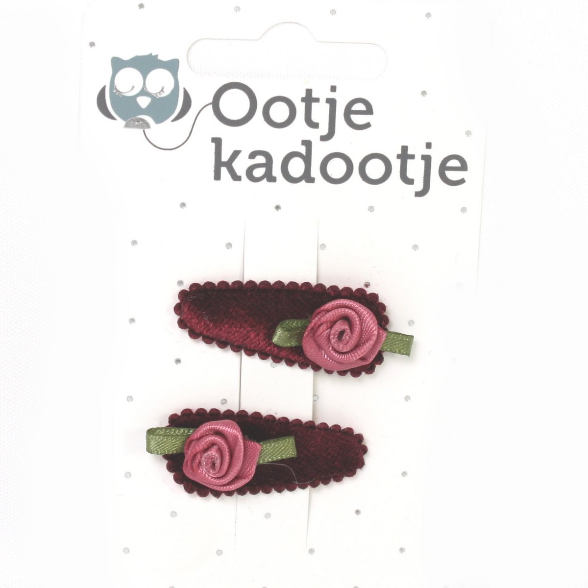Babyhaarclipje fluweel bordeaux met oudroze roos OK 3044