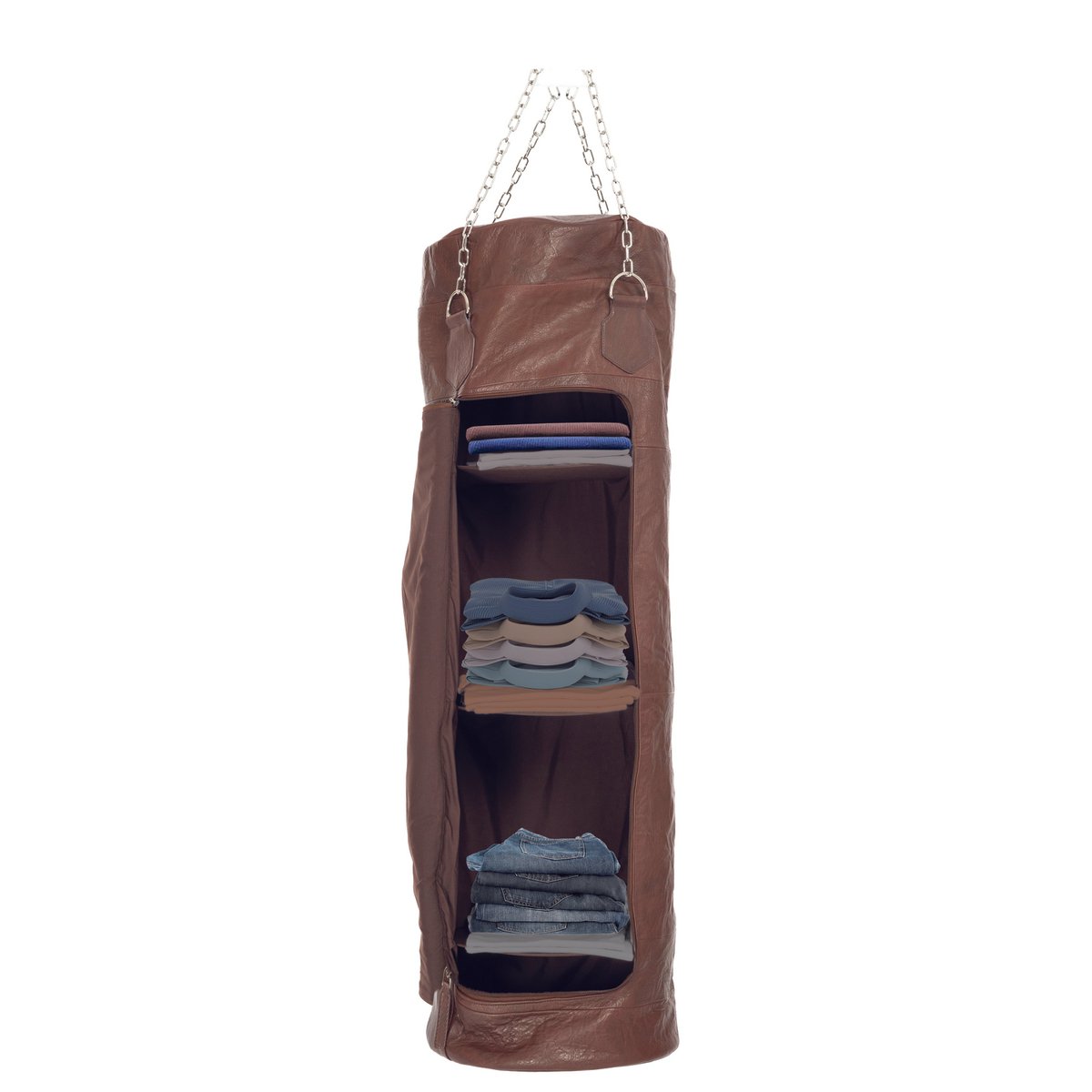 K0036BB | Boxsackbehälter aus echtem Leder, vollnarbig, Rüschen – dunkelbraune Farbe – Zubehör aus poliertem Nickel. Abmessungen: 35 x 35 x 120 cm – Verpackung: TNT-Beutel