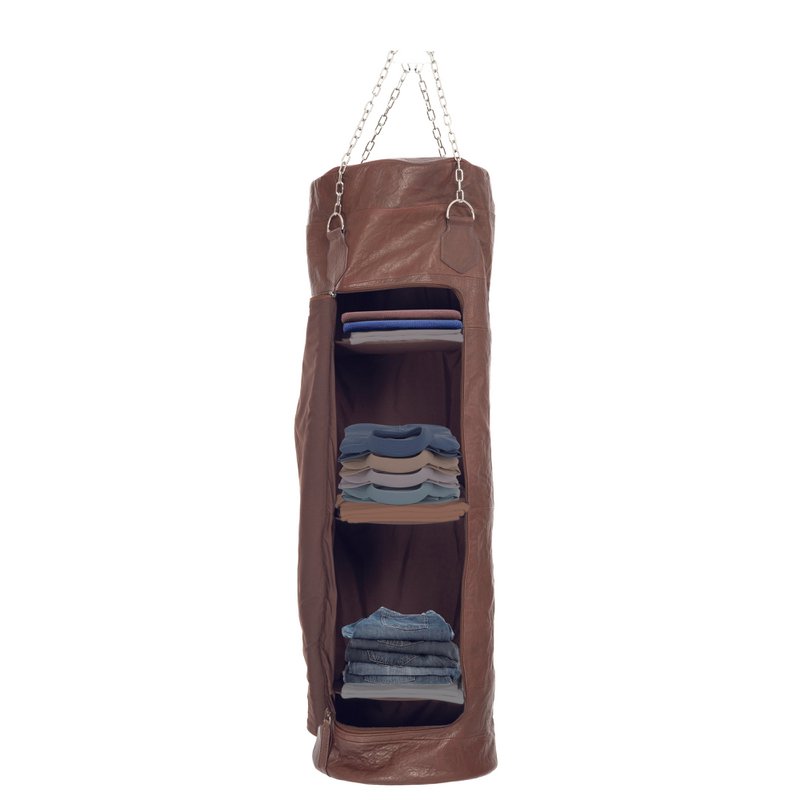 K0036BB | Boxing Bag Container in Genuine Leather, full grain, frills - Dark Brown Color - Polished Nickel Accessories. Dimensions: 35 x 35 x 120 cm - Packaging: Tnt bag