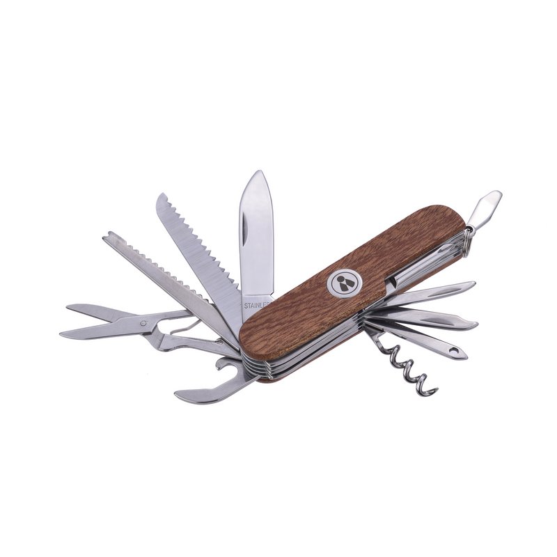 Cuchillo multifuncional con mango de sándalo rojo.