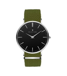 Olive green and black watch with a minimalist design and a black dial.