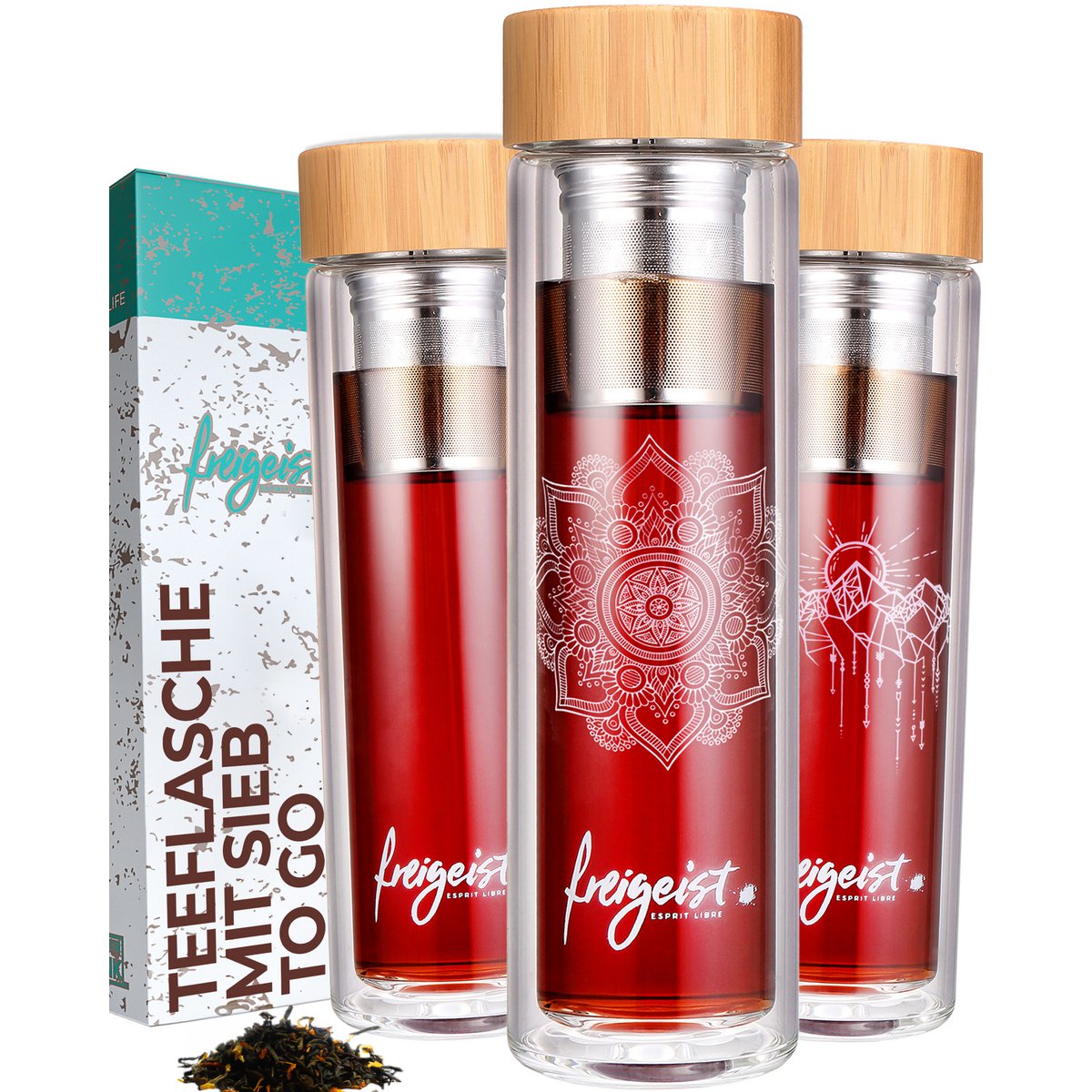 Teeflasche aus doppelwandigem Borosilikatglas, mit entnehmbarem Teesieb, 500ml