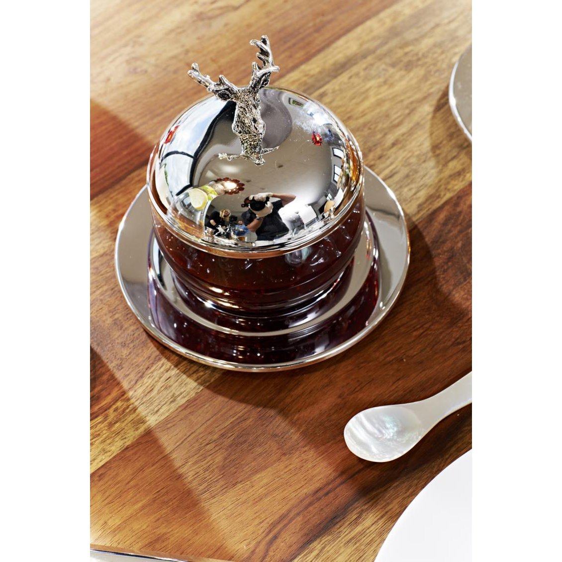 EDZARD jam jar deer with saucer and spoon, silver-plated, height 11 cm, ø 14 cm, ø glass 10 cm