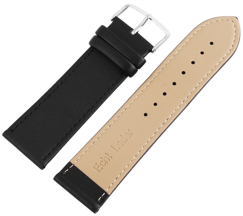Genuine leather watch strap, black/silver, 24 mm