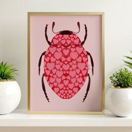 "Beetle with hearts art Print - Poster featuring a beetle made up of heart shapes in shades of red. Suitable for home decor or wall art."

The image shows a poster or wall art featuring a beetle-like insect made up of heart shapes in various shades of red. The beetle has a distinct shape with antennae and legs, creating a unique and visually appealing design. This product would be suitable for home decor, wall art, or as a gift for someone who appreciates nature-inspired designs.