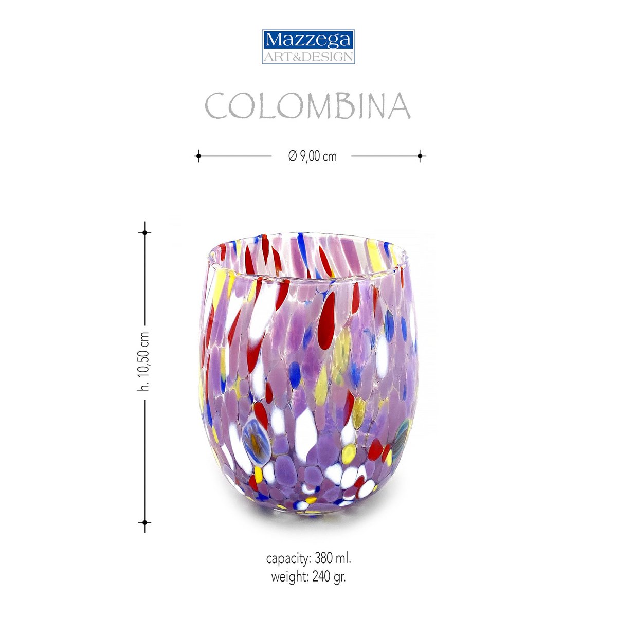 6 Big Colombina vand Big Colombine Bold og håndhåndet med Murrine di Murano, "I Colori di Murano" 435 Ml Line. Lavet i Italien