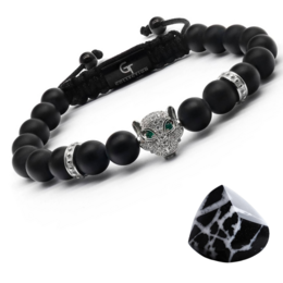 Pulsera de hombre de ÓNIX NEGRO con cabeza de LEOPARDO plateada