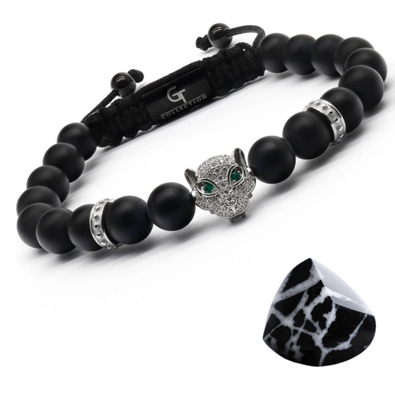 Pulsera de hombre de ÓNIX NEGRO con cabeza de LEOPARDO plateada