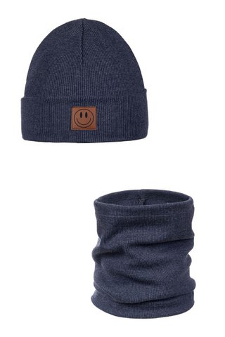 Set aus Mütze und Schal SMILE – Baumwolle – Marineblau meliert