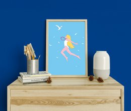  Wall art illustration featuring a whimsical fairy figure in a blue and yellow color scheme. Available in multiple sizes to suit various decor needs.