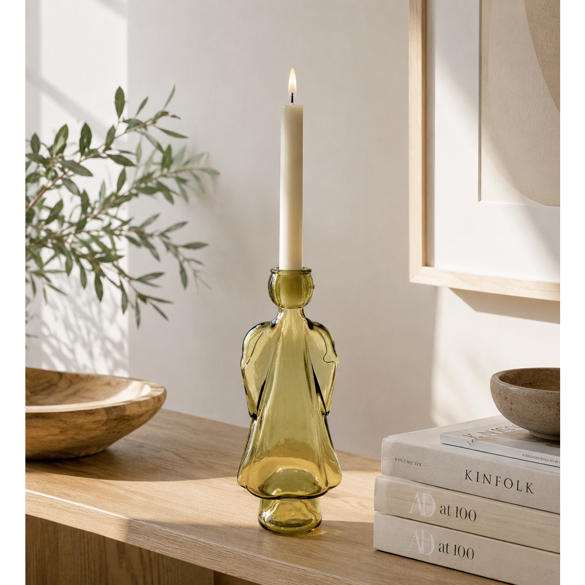 Yellow glass angel candle holder h 24x10x8 cm
