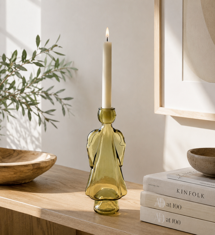 Yellow glass angel candle holder h 24x10x8 cm