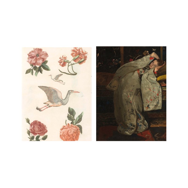 Postkartencollage Museumssammlung - Kranich und Mädchen