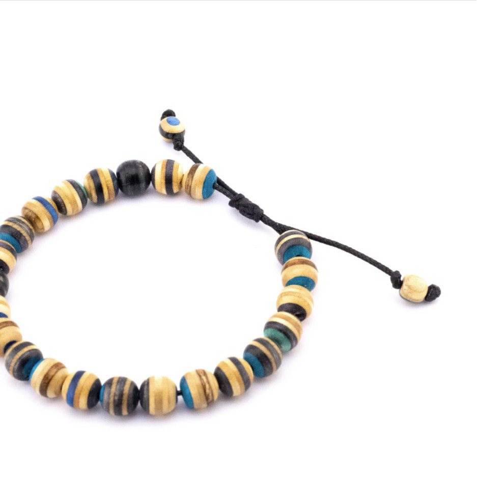 Recycled Skateboards Wood Bead Bracelet, Blue, 8mm beads, Unisex, Adjustable