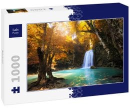 A 1000-piece puzzle featuring a serene waterfall surrounded by lush, autumnal trees. The image showcases a tranquil, natural landscape with vibrant colors and a cascading waterfall.