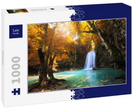 A 1000-piece puzzle featuring a serene waterfall surrounded by lush, autumnal trees. The image showcases a tranquil, natural landscape with vibrant colors and a cascading waterfall.