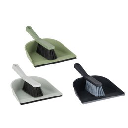  Plastic broom and dustpan set in green and black colors. The set includes a broom with a long handle and a dustpan for sweeping up debris. The broom and dustpan have a simple, functional design suitable for cleaning floors and surfaces.