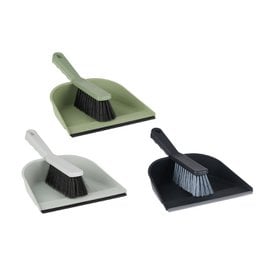 Plastic broom and dustpan set in green and black colors. The set includes a broom with a long handle and a dustpan for sweeping up debris. The broom and dustpan have a simple, functional design suitable for cleaning floors and surfaces.