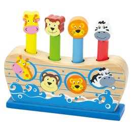 Colorful wooden pop-up toy with animal figures representing Noah's Ark. Includes various animal shapes and designs suitable for young children.
