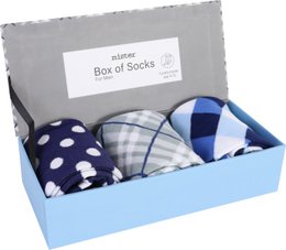  A box of 3 classic socks in various patterns including polka dots, plaid, and solid navy blue.