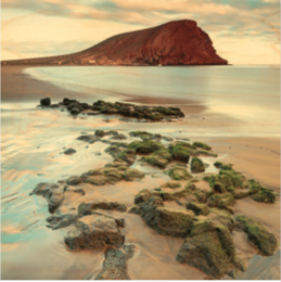 Coastal landscape poster featuring rocky beach, red mountain island, golden sand, and seascape nature photography.
