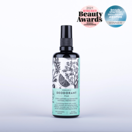 Fresh organic deodorant spray with natural ingredients for effective odor control.