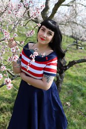 EU Stock Darlene Retro Swing Dress in Navy med røde og hvide striber