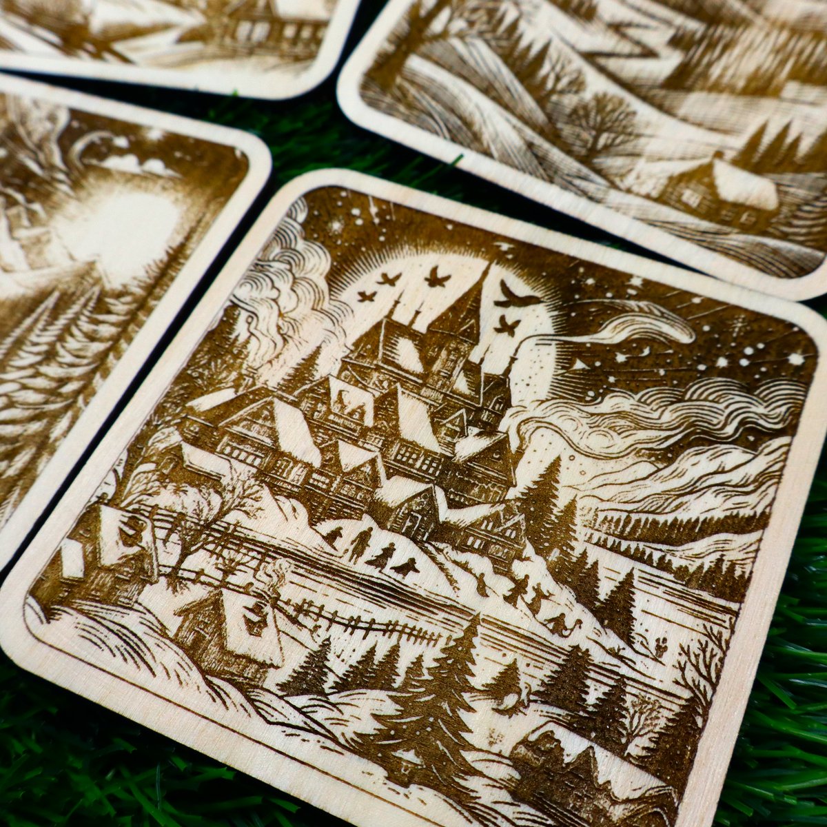Wooden Winter Coasters, Snowy Forest and Mountain Decor, Housewarming Gift