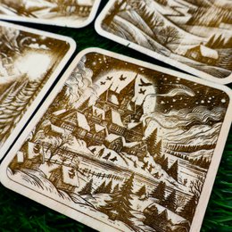 Wooden Winter Coasters, Snowy Forest and Mountain Decor, Housewarming Gift