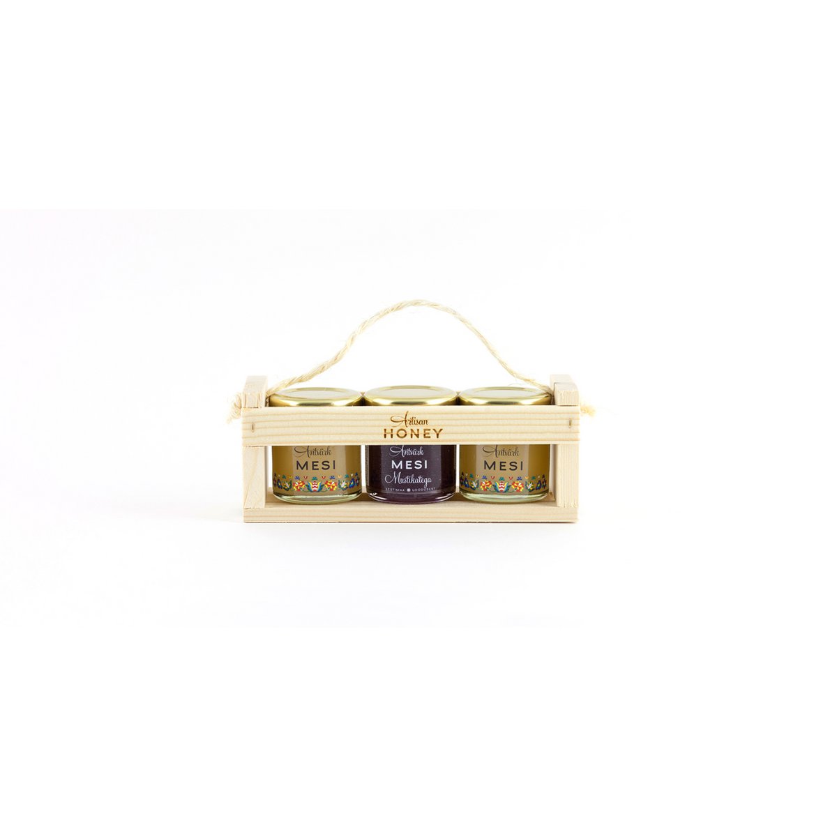 Bloesemhoning en twee smaken in een houten geschenkdoos
