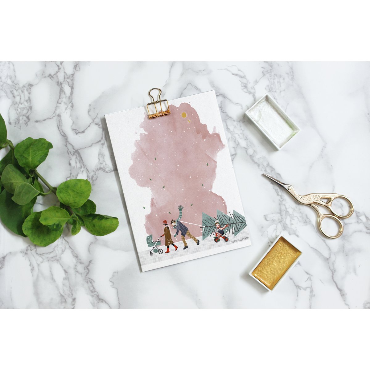 postcard - series 'Christmas' - 'how to get that tree home' - walking