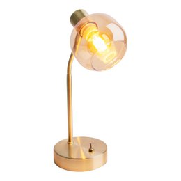Tischleuchte "LIBBY", klassische Tischlampe aus messingfarbenem Metall und getöntem Glas in Amber, mit E14-Fassung, für Esszimmer, Wohnzimmer, Diele oder Büro, 34 cm hoch