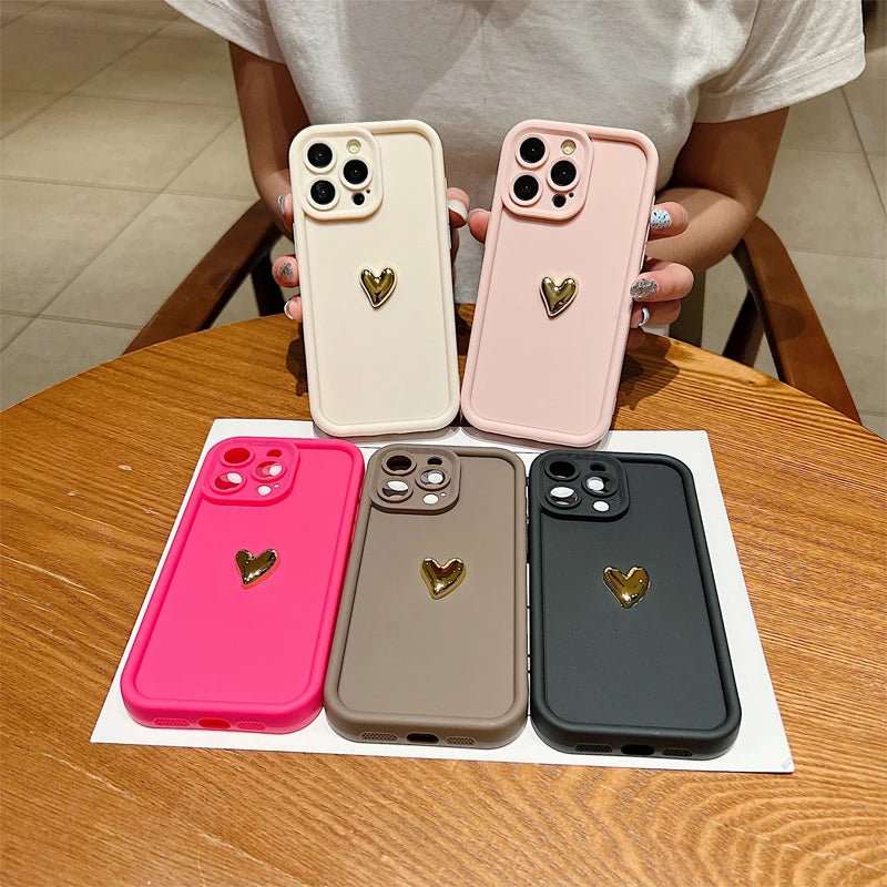 3D złote serce silikonowe miękkie etui na telefon iPhone 15 14 13 12 11 16 17 Pro Max XS XR 7 8 Plus SE odporne na wstrząsy cukierki matowe etui