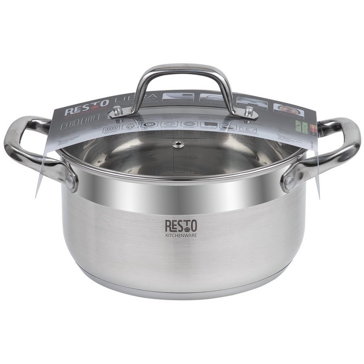 RESTO 92003 Libra Kookpan - 3.6 Liter - Rond Ø20 cm - Roestvrijstaal - Inductie Pan - Braadpan met Glazen Deksel