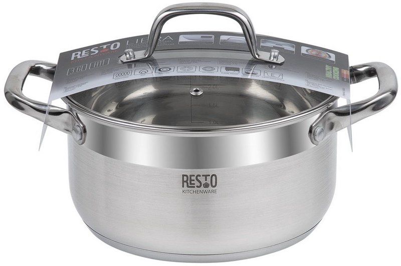 RESTO 92003 Pentola Libra - 3,6 litri - Rotonda Ø20 cm - Acciaio inossidabile - Pentola a induzione - Padella con coperchio in vetro