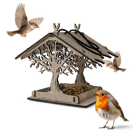 Wooden Bird Feeder, Minimalist Accent for Garden, Yard & Terrace