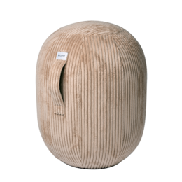 Beige balance capsule chair, oval rounded shape, ribbed texture, modern minimalist design, ergonomic seating.