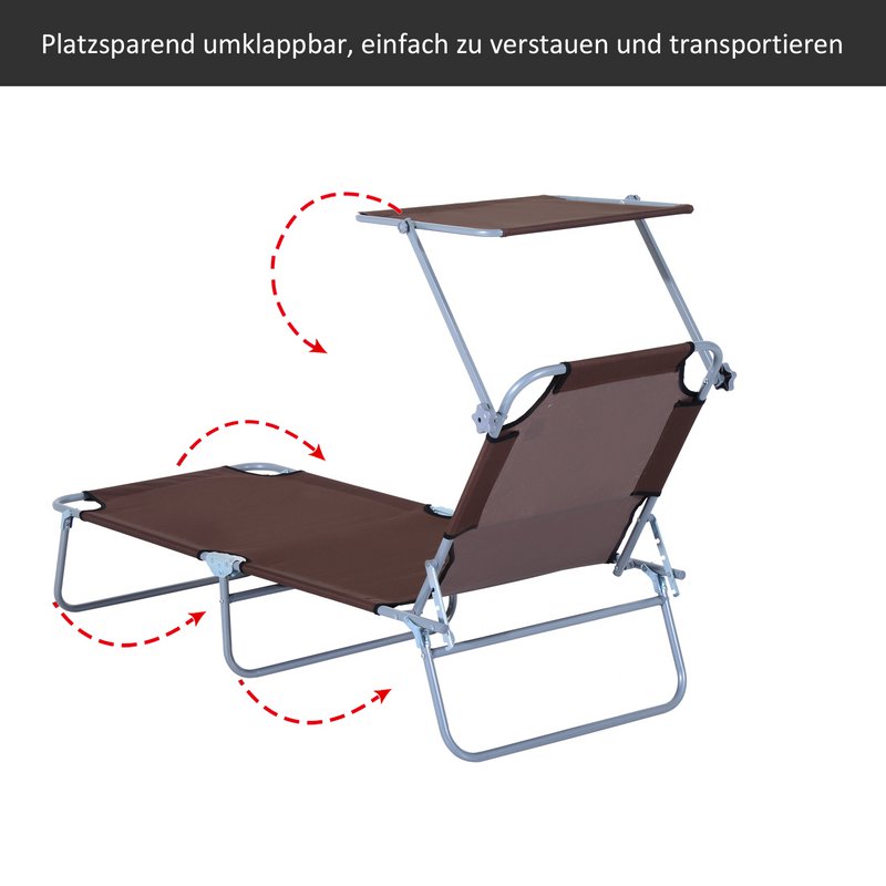  Sonnenliege klappbar Gartenliege mit Dach, Liegestuhl mit 4-Fach verstellbare Rückenlehne, wetterfeste Campingliege bis 120 kg belastbar, für Garten Strand Pool, Rot