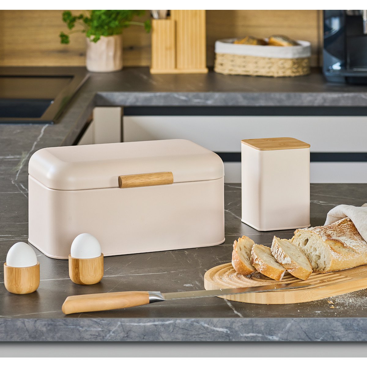 Bread bin, metal/bamboo