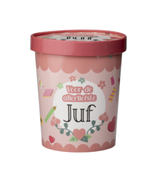 A pink and white candy bucket with a scalloped lid and the text "Keep it sweet" and "Juf" printed on it. The bucket appears to be made of plastic and is suitable for storing small items or candies.