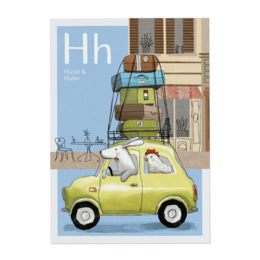 Colorful alphabet-themed toy car with dog and chicken graphics. Compact, retro-style yellow car with stacked blocks displaying the letter "H".